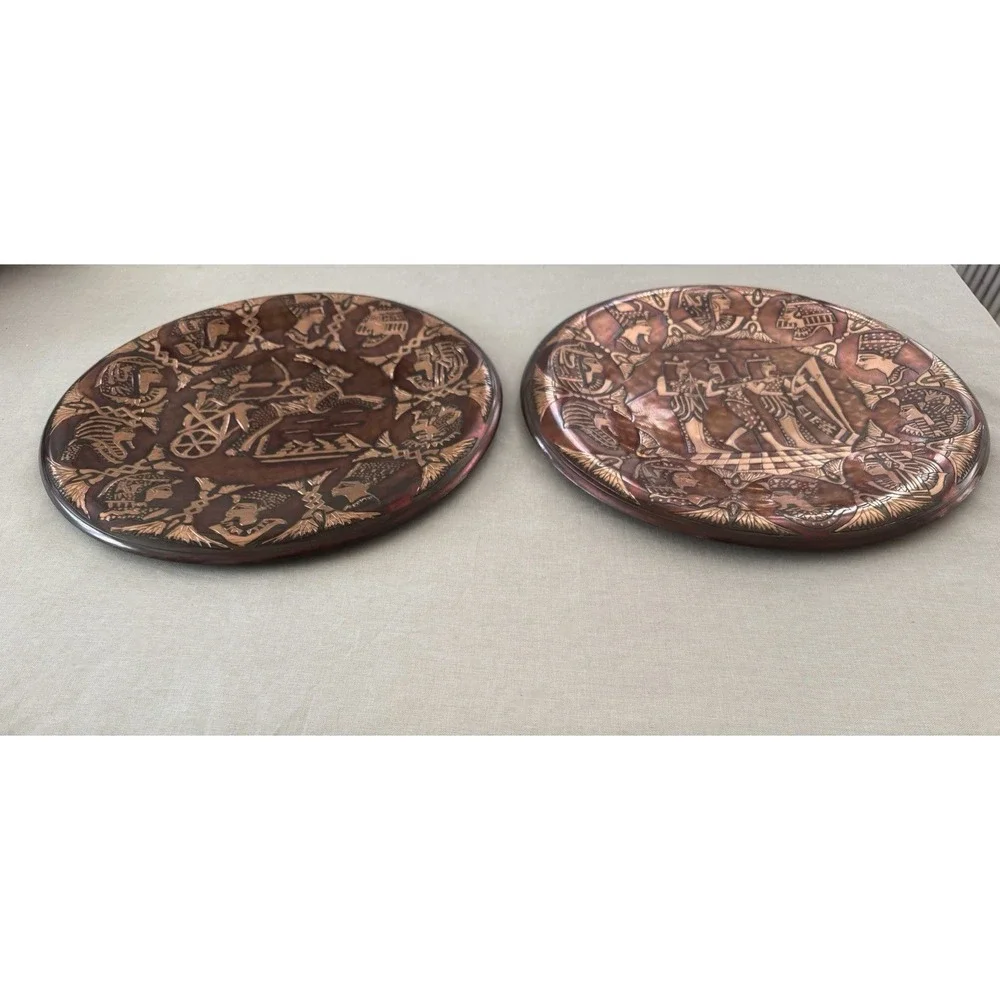 Set of 2 Copper Wall Hangings‎ Egyptian Revival Engraved Art Plates